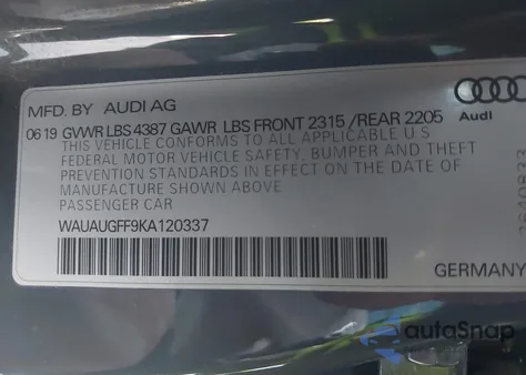 2019 Audi A3 40 Premium/40 Titanium Premium z USA, uszkodzony, nr VIN WAUAUGFF9KA120337